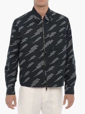 Neil Barrett Men's Black Lightning-Print Zip Jacket Overshirt Cotton $648 NEW